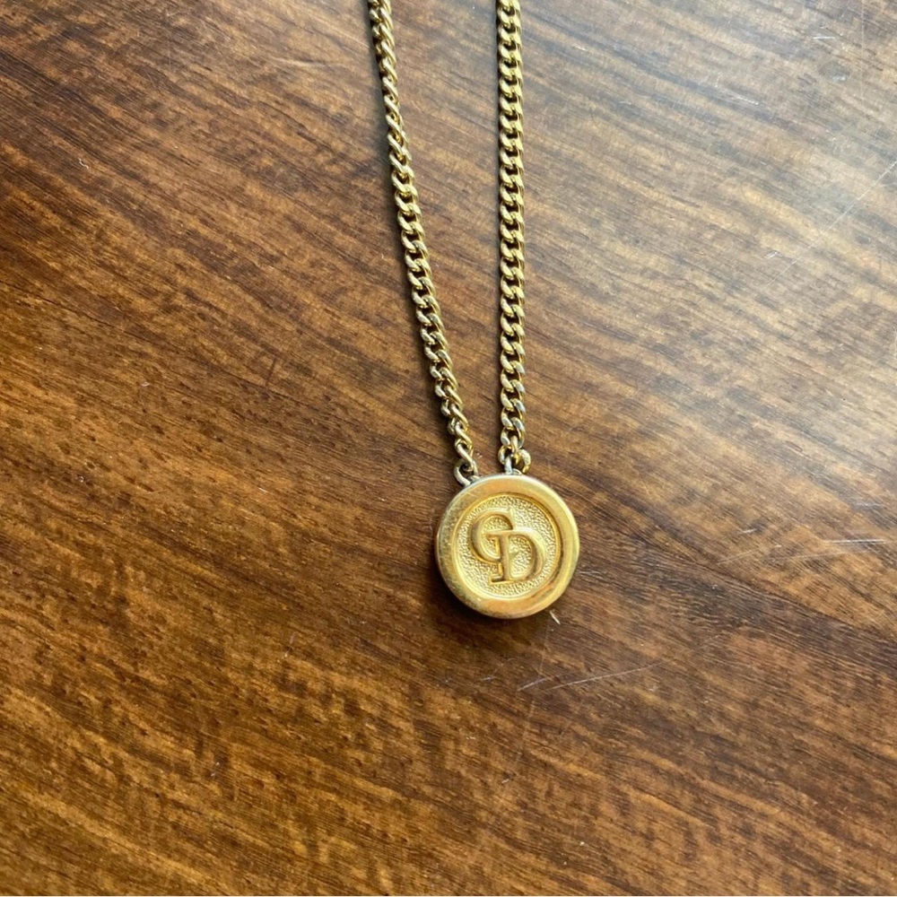 Dior Gold Chain Necklace with Logo Pendant